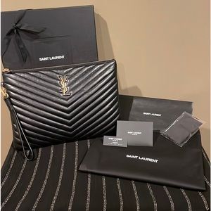 Saint Laurent Clutch Black Quilted Grain Leather Monogramed Wristlet